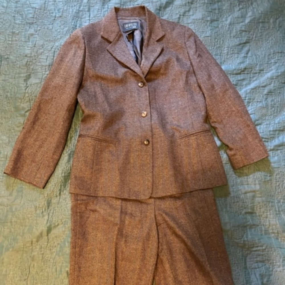 VTG Lafayette148 Brown Herringbone Tweed Pant Suit